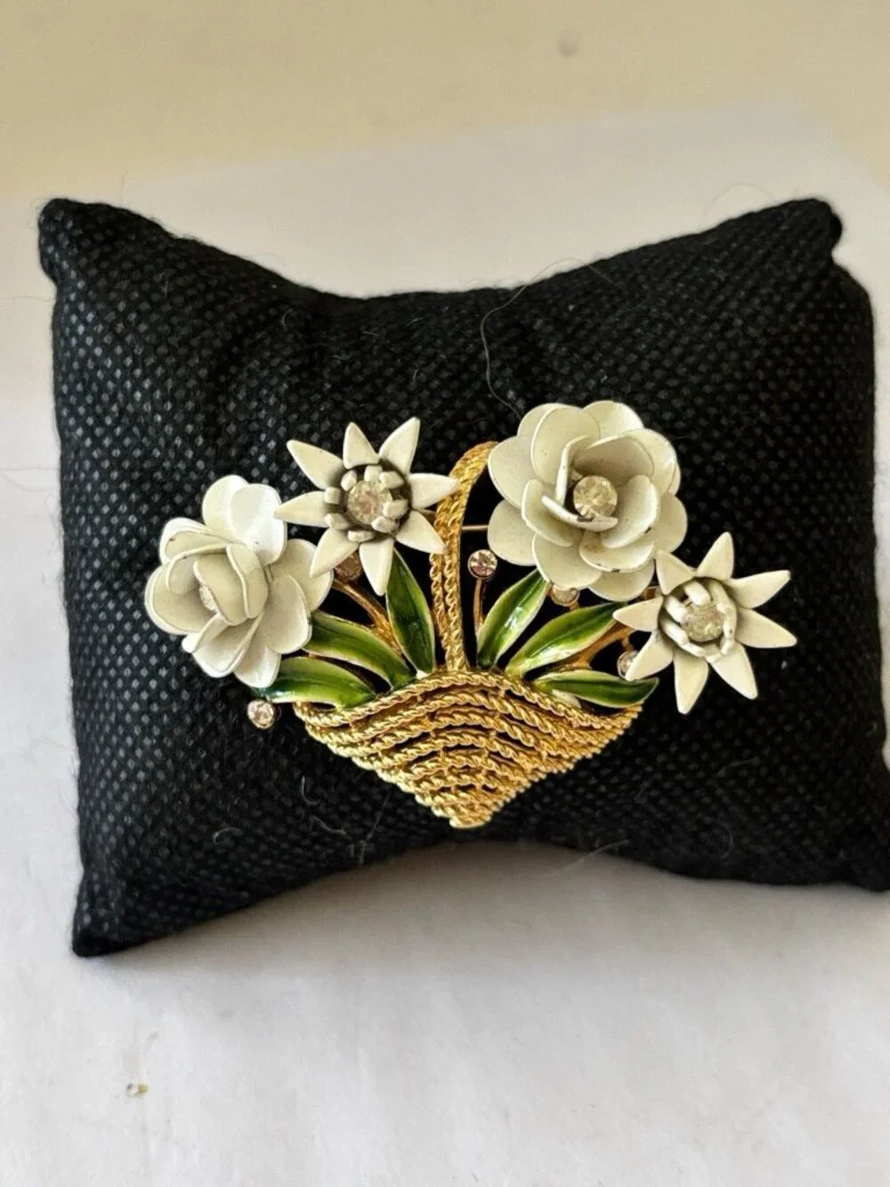 Trifari Gold Tone White Enamel Roses Spring Flower Basket Brooch Pin Vintage